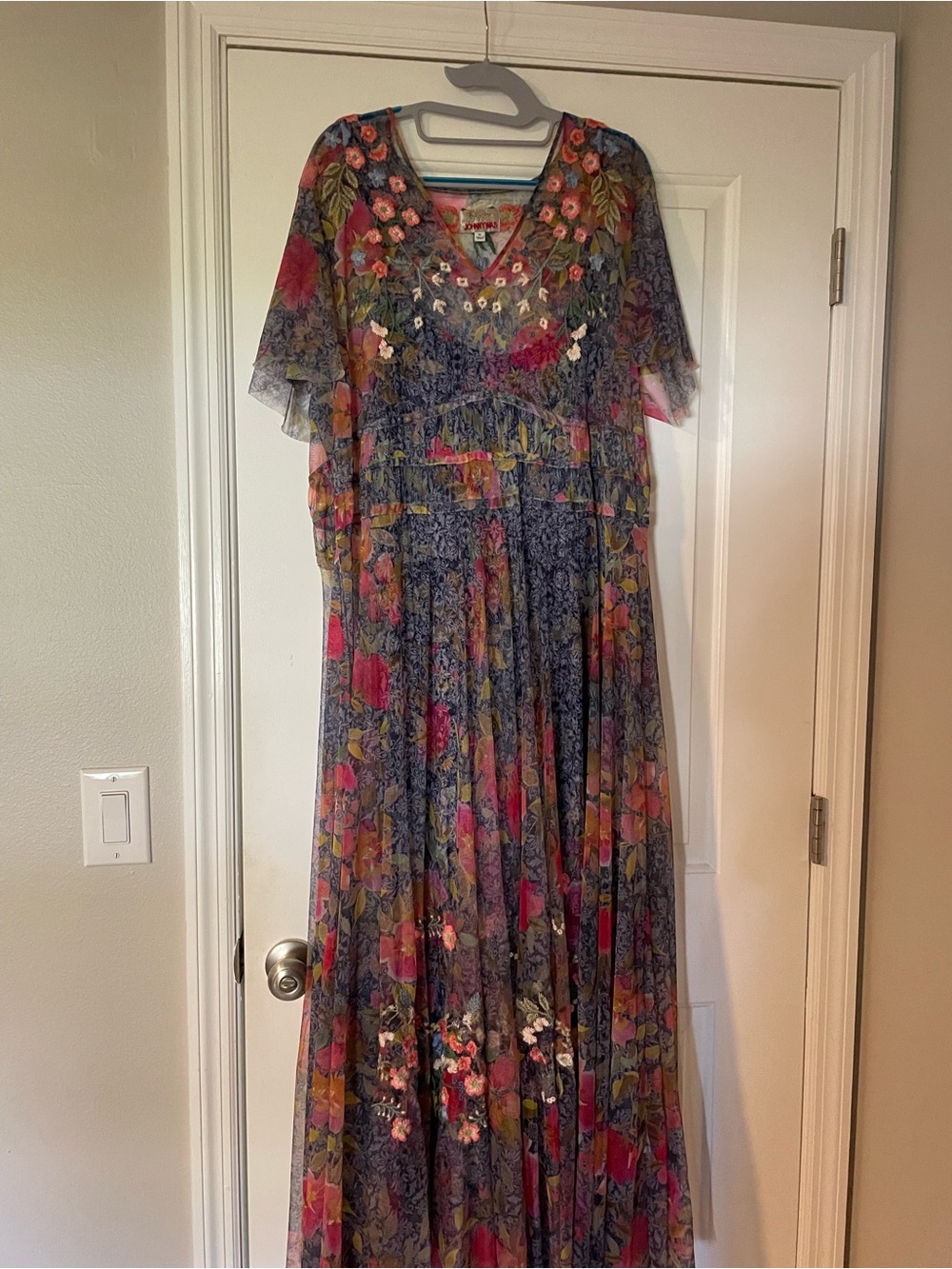 Johnny Was Navy Maxi Dress with Pink and Green Floral Print